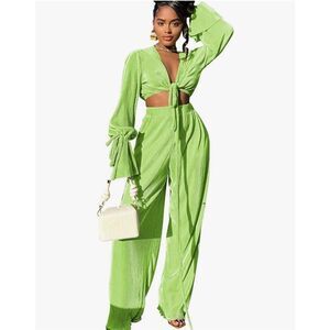 NEW 2 Pc Plisse Set Lounge Bell Sleeve Outfits M